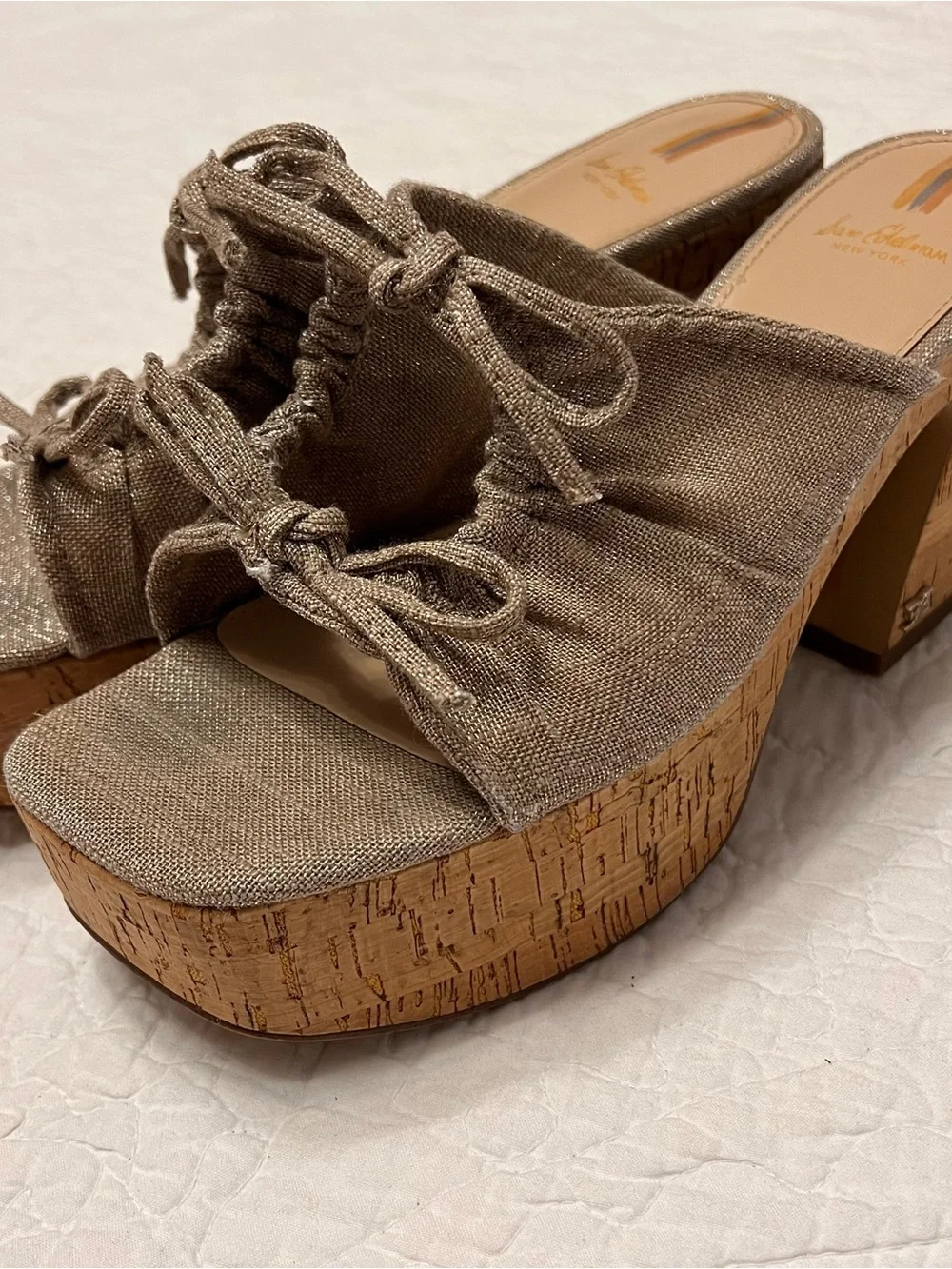 Sam Edelman gold / tan  dove platform wedge sandals size 7.5 cork & fabric made